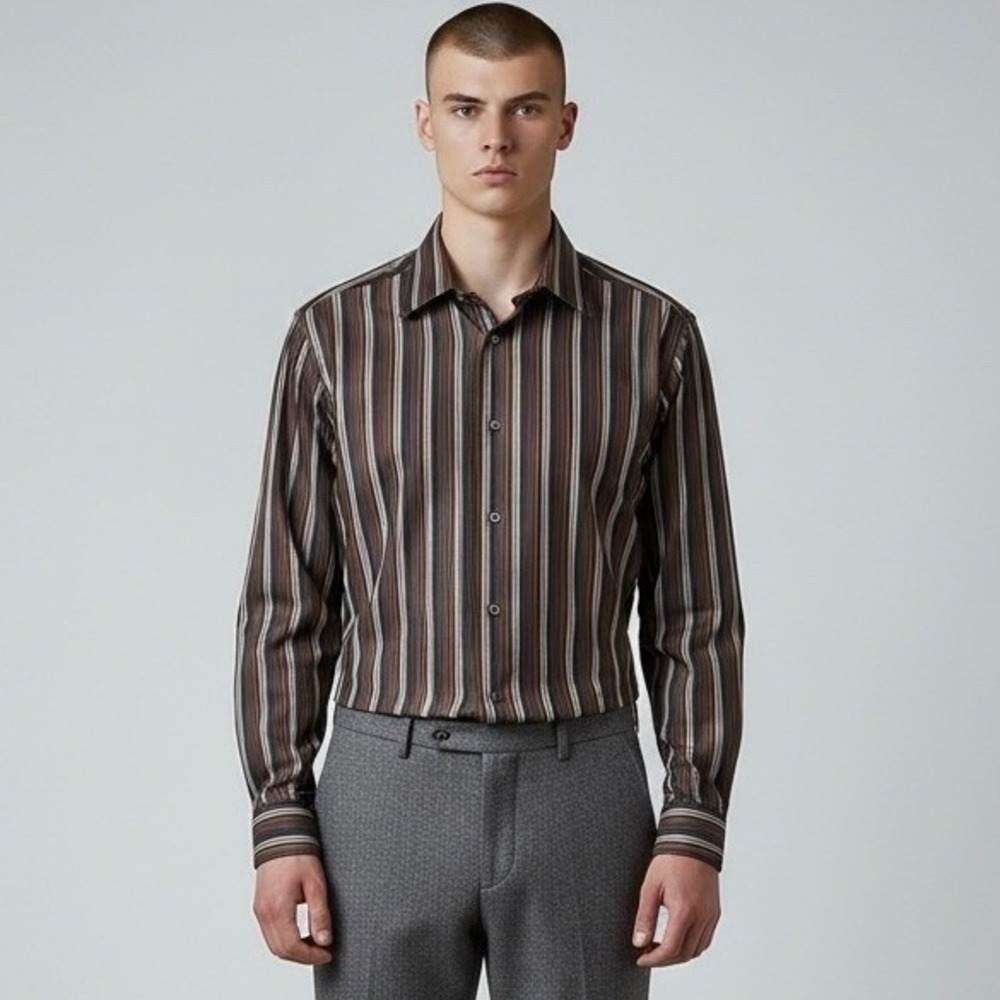 Z Zegna‎ Dress Shirt Mens 15.5-39 Brown Striped Button Down Long Sleeve Cotton